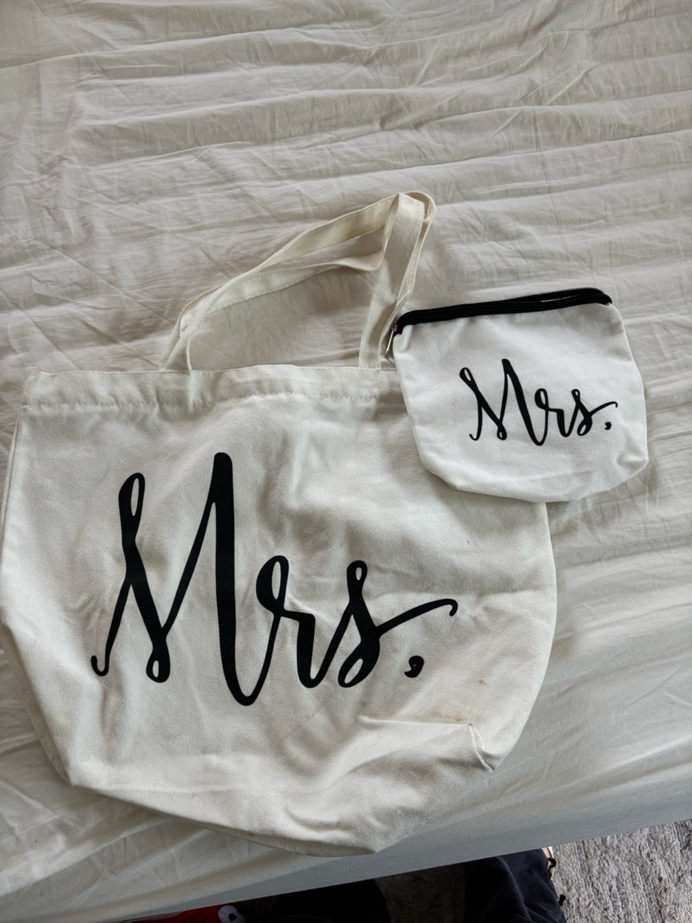 White Canvas 'Mrs.' Tote Bag with Matching Pouch